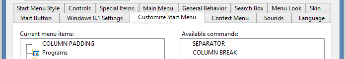 Showing the Classic Shell start menu customization options